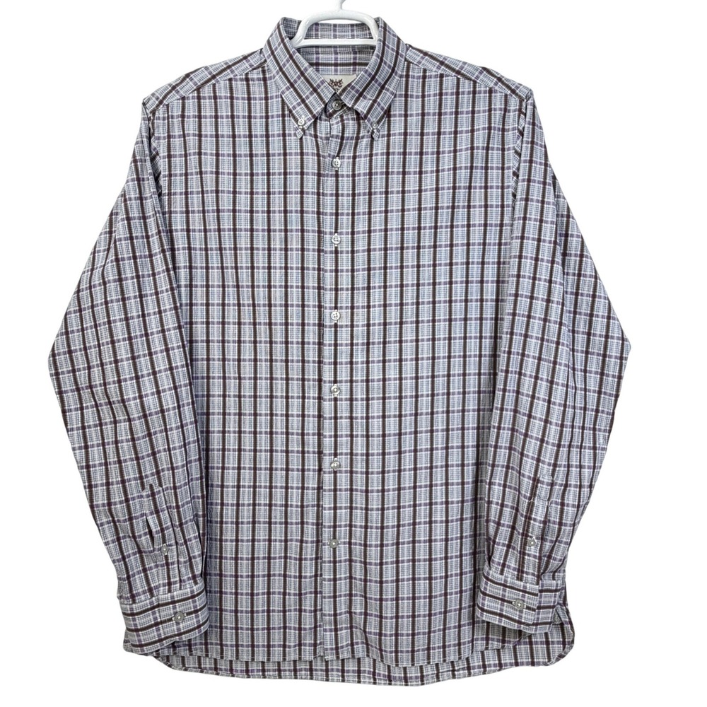 Hickey Freeman Plaid Long Sleeve Button Down Shirt Purple Brown Mens Size L